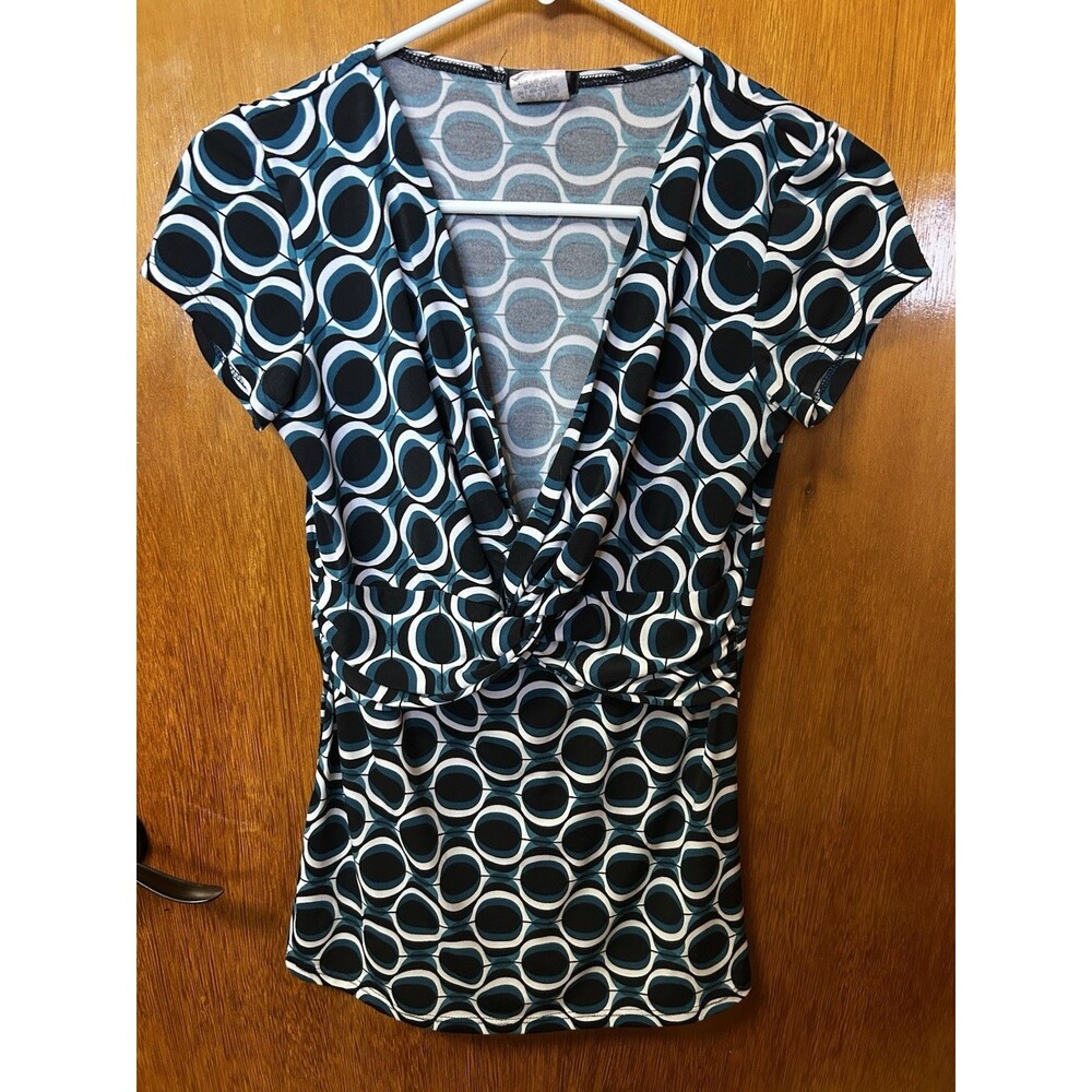 Maurices M Y2K Mod Circle Print Twist Front Top Teal Black Retro Mall Stretch